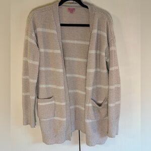 Francesca’s Cream Taupe Striped Open Front Duster Cardigan | Size L